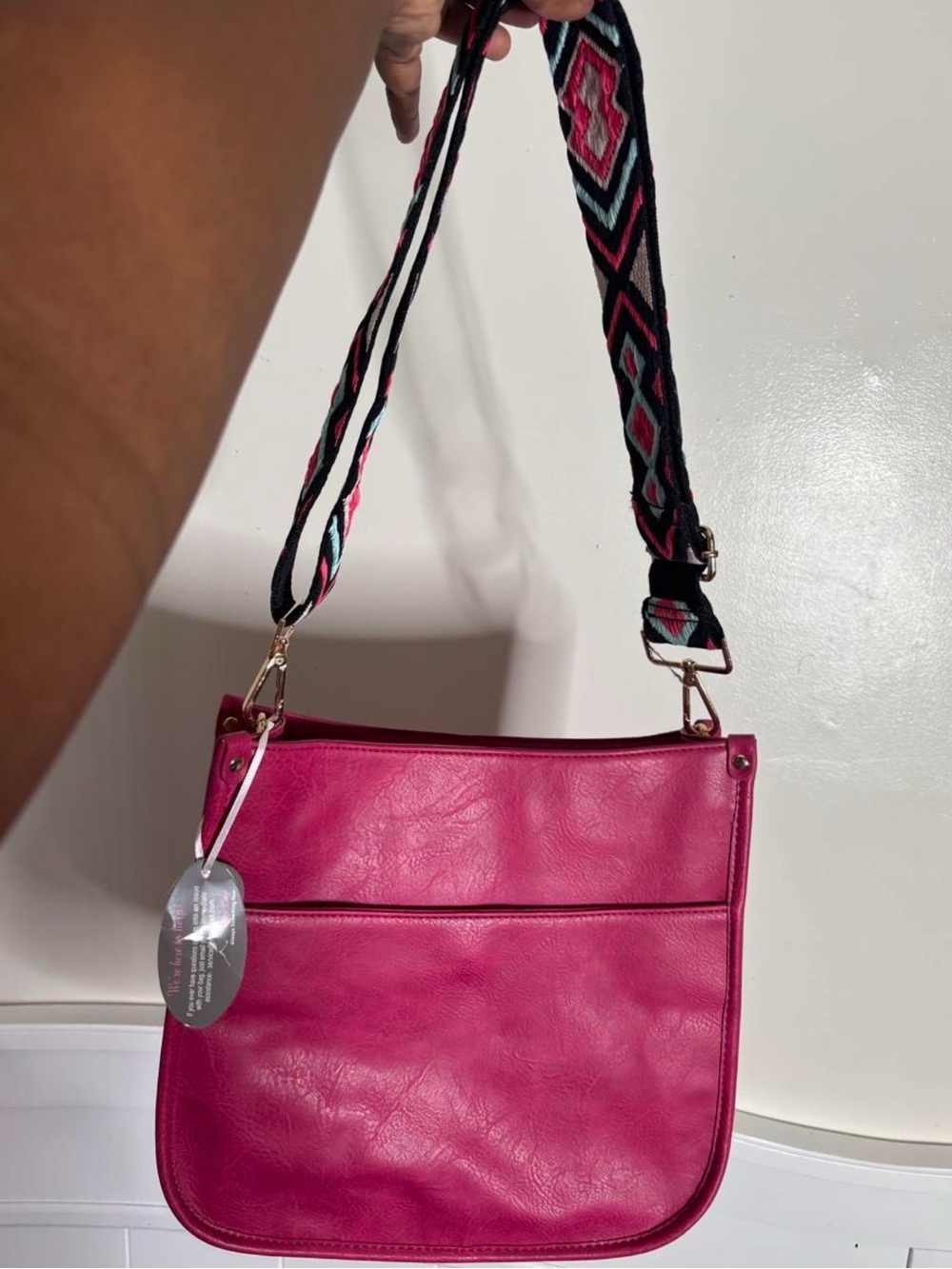 Women’s Pink Crossbody Bag with Patterned Strap